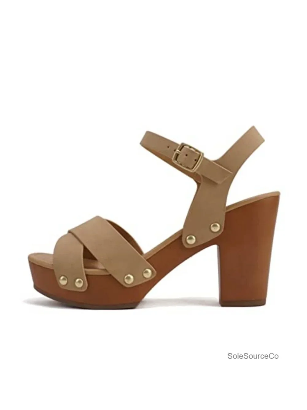 Crisscross Band Platform Block Mid Heel Sandal with Ankle Strap and Stud
